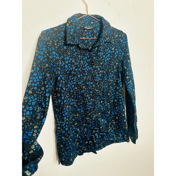 STINE GOYA Black Blue Metallic Button Front Floral Lucian Long Sleeve Top sz XS - Picture 5 of 15